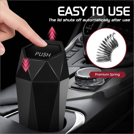 Push-Top Car Trash Can – Compact 600mL Auto-Close Garbage Bin for Cup Holder, Door Pocket & Desk, Waterproof, Leakproof, Sleek Geometric Design (Black)