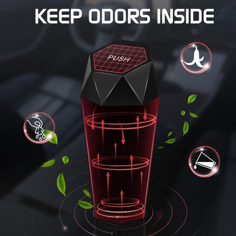 Push-Top Car Trash Can – Compact 600mL Auto-Close Garbage Bin for Cup Holder, Door Pocket & Desk, Waterproof, Leakproof, Sleek Geometric Design (Black)