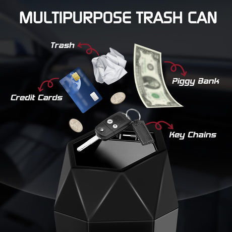 Push-Top Car Trash Can – Compact 600mL Auto-Close Garbage Bin for Cup Holder, Door Pocket & Desk, Waterproof, Leakproof, Sleek Geometric Design (Black)