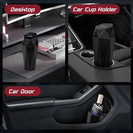 Push-Top Car Trash Can – Compact 600mL Auto-Close Garbage Bin for Cup Holder, Door Pocket & Desk, Waterproof, Leakproof, Sleek Geometric Design (Black)