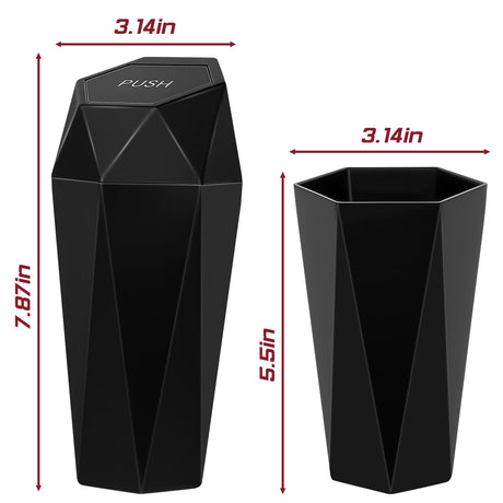 Push-Top Car Trash Can – Compact 600mL Auto-Close Garbage Bin for Cup Holder, Door Pocket & Desk, Waterproof, Leakproof, Sleek Geometric Design (Black)