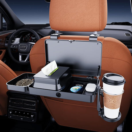 Car Backseat Tray Table – Foldable & Adjustable Multi-Functional Travel Desk with Cup Holder, Snack Tray, Tissue Box Compartment, Phone Stand, and Headrest Mount; Durable ABS Design for Kids, Adults, and Families (Black)