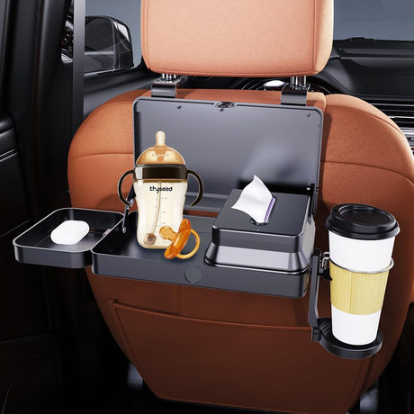 Car Backseat Tray Table – Foldable & Adjustable Multi-Functional Travel Desk with Cup Holder, Snack Tray, Tissue Box Compartment, Phone Stand, and Headrest Mount; Durable ABS Design for Kids, Adults, and Families (Black)