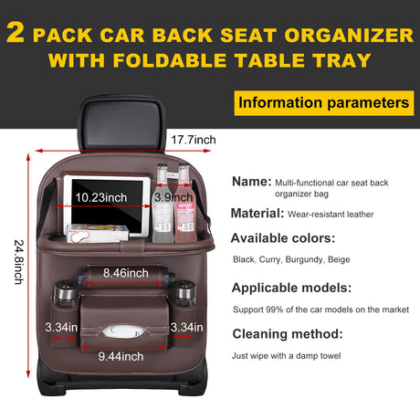 Car Back Seat Organizer with Foldable Table Tray – Universal Rear Seat Storage Bag, Multi-Pocket Holder for Tablet, Drinks & Essentials (Coffee)