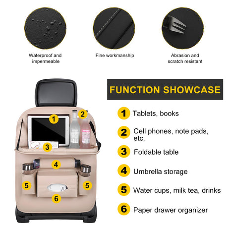 Car Back Seat Organizer with Foldable Table Tray – Universal Rear Seat Storage Bag, Multi-Pocket Holder for Tablet, Drinks & Essentials (Beige)