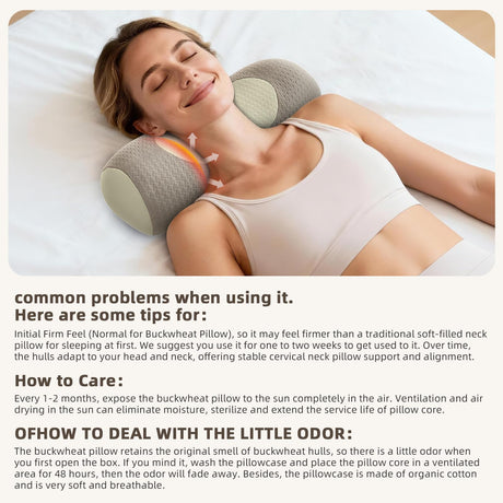 Organic Buckwheat Cervical Pillow – Ergonomic Neck Support for Side and Back Sleepers, Adjustable Firmness with Removable Cover, Natural Pain Relief for Neck and Shoulder Tension (Warm White)