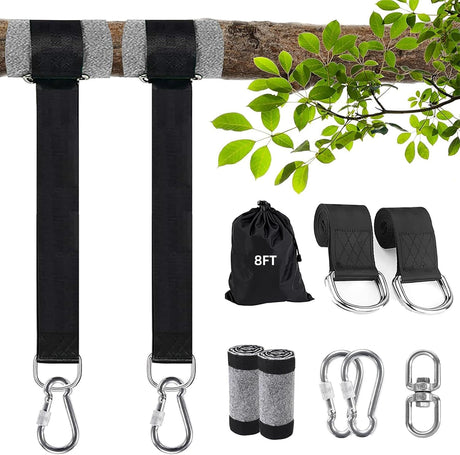 8ft Premium Polyester Swing Straps Set – 3000lb Load Rating, with Locking Carabiners & Tree Guards for Family Hammocks & Outdoor Play (Black)