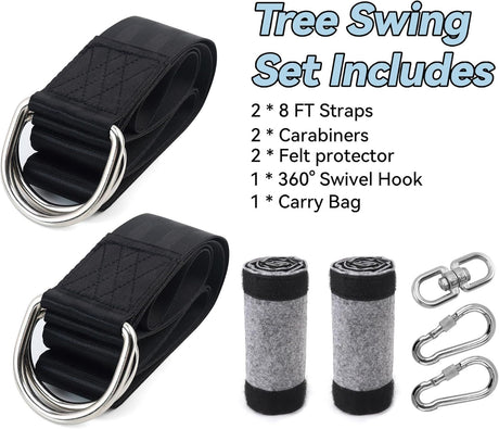 8ft Premium Polyester Swing Straps Set – 3000lb Load Rating, with Locking Carabiners & Tree Guards for Family Hammocks & Outdoor Play (Black)