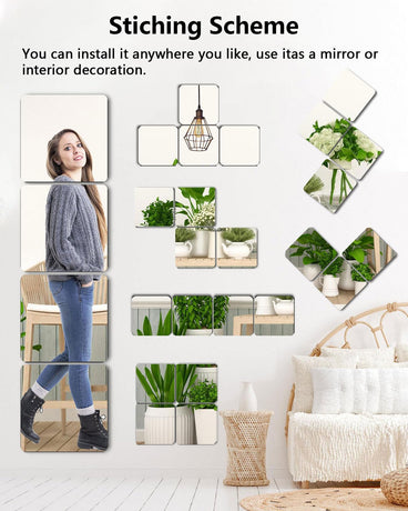 Shatterproof Acrylic Mirror Tiles – 4-Pack Wall Stickers for Kids, Home Gym, Bedroom & Bathroom, Easy Peel-and-Stick Decorative Mirrors with Double-Sided Tape (Silver,8