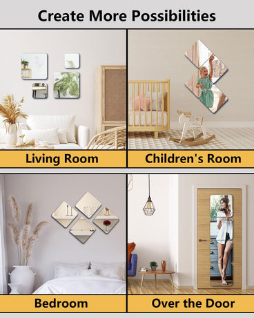 Shatterproof Acrylic Mirror Tiles – 4-Pack Wall Stickers for Kids, Home Gym, Bedroom & Bathroom, Easy Peel-and-Stick Decorative Mirrors with Double-Sided Tape (Silver,8