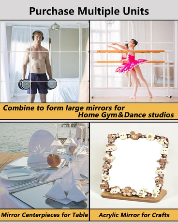 Shatterproof Acrylic Mirror Tiles – 4-Pack Wall Stickers for Kids, Home Gym, Bedroom & Bathroom, Easy Peel-and-Stick Decorative Mirrors with Double-Sided Tape (Silver,8