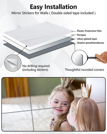 Shatterproof Acrylic Mirror Tiles – 4-Pack Wall Stickers for Kids, Home Gym, Bedroom & Bathroom, Easy Peel-and-Stick Decorative Mirrors with Double-Sided Tape (Silver,8