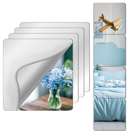Shatterproof Acrylic Mirror Tiles – 4-Pack Wall Stickers for Kids, Home Gym, Bedroom & Bathroom, Easy Peel-and-Stick Decorative Mirrors with Double-Sided Tape (Silver,16