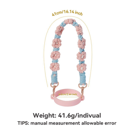 Hand-Woven Flower Water Bottle Strap with Silicone Ring 41cm/16.14 inch – Universal Cup Holder for 14oz, 30oz, and 40oz Stanley Tumblers, Adjustable Shoulder Strap with Rose Gold Clips and Net Pouch (Pink)