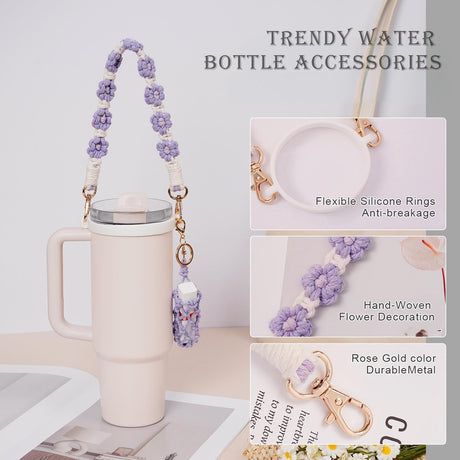 Hand-Woven Flower Water Bottle Strap with Silicone Ring 41cm/16.14 inch – Universal Cup Holder for 14oz, 30oz, and 40oz Stanley Tumblers, Adjustable Shoulder Strap with Rose Gold Clips and Net Pouch (Pink)