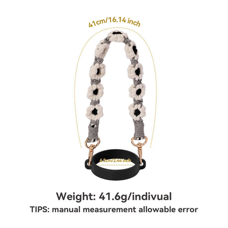 Hand-Woven Flower Water Bottle Strap with Silicone Ring 41cm/16.14 inch – Universal Cup Holder for 14oz, 30oz, and 40oz Stanley Tumblers, Adjustable Shoulder Strap with Rose Gold Clips and Net Pouch (Black)