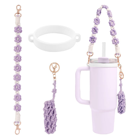 Hand-Woven Flower Water Bottle Strap with Silicone Ring 41cm/16.14 inch – Universal Cup Holder for 14oz, 30oz, and 40oz Stanley Tumblers, Adjustable Shoulder Strap with Rose Gold Clips and Net Pouch (Purple)