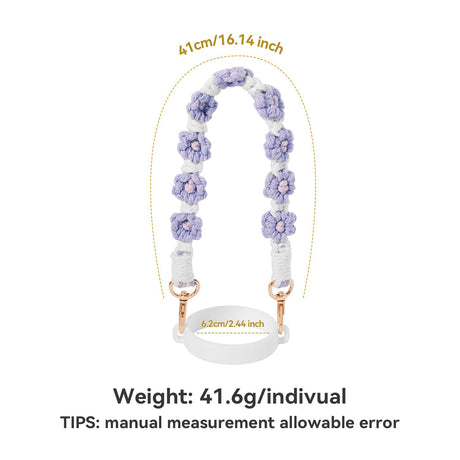 Hand-Woven Flower Water Bottle Strap with Silicone Ring 41cm/16.14 inch – Universal Cup Holder for 14oz, 30oz, and 40oz Stanley Tumblers, Adjustable Shoulder Strap with Rose Gold Clips and Net Pouch (Purple)