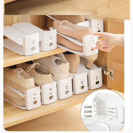 Adjustable Shoe Rack Organizer, 10-Pack Stackable Shoe Shelf for Closet Storage – Space-Saving Double Layer Shoe Holder with 3-Level Height Adjustment (White)