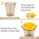 Handheld Citrus Juicer with Dual Reamer & 20oz Measuring Cup – Manual Lemon, Lime, Orange, Grapefruit Squeezer with Anti-Slip Base and Filtered Spout (Yellow)