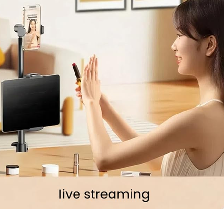 Floor Standing Phone Tripod with Swan Neck Arm – Includes Phone Clamp & Selfie Remote, Multi-Angle Stand for Live Streaming, Food Photography, Vlogging (Black)