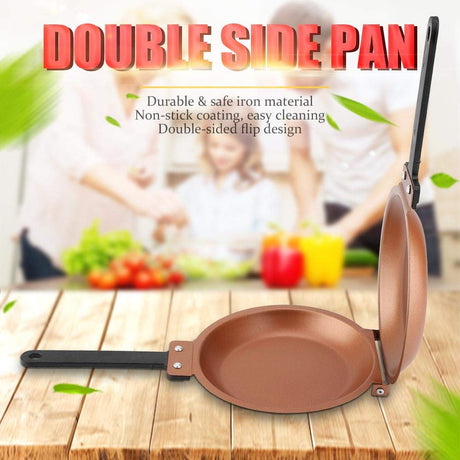 Double-Sided Flip Frying Pan – Non-Stick Cooking Pan for Eggs, Pancakes, Toasted Bread – Durable Iron Material with Heat-Resistant Handle, Compact Design for Home Kitchen Use – Ideal for Gas Stoves (Golden)