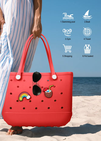 EVA Beach Tote Bag for Swimming, Pool & Travel – Waterproof Washable Rubber Handbag with 2 Random Charms, Lightweight & Sand-Resistant (Red)  | Other Colors Available in Store