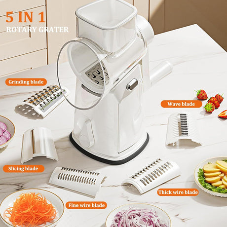 5-in-1 Hand Crank Rotary Vegetable Slicer & Grater with 10 Blades, Hidden Storage Box for Kitchen Food Prep (White)