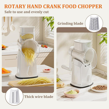 5-in-1 Hand Crank Rotary Vegetable Slicer & Grater with 10 Blades, Hidden Storage Box for Kitchen Food Prep (White)