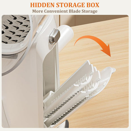 5-in-1 Hand Crank Rotary Vegetable Slicer & Grater with 10 Blades, Hidden Storage Box for Kitchen Food Prep (White)
