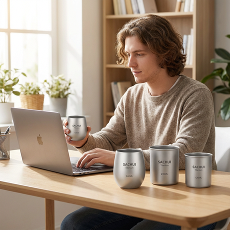 4-Piece Pure Titanium Cup Set – Double-Walled, Lightweight, Stackable Outdoor Drinking Cups for Camping, Hiking, Travel and Office Use (Gray)