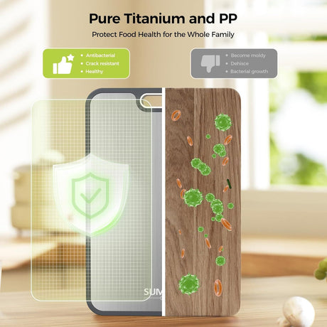 Dual-Sided Kitchen Cutting Boards with Titanium-Look & Textured PP Surfaces, Juice Groove, Grinding Area, Non-Slip Edges, and Integrated Handles—For Separating Raw/Cooked Foods and Efficient Meal Prep