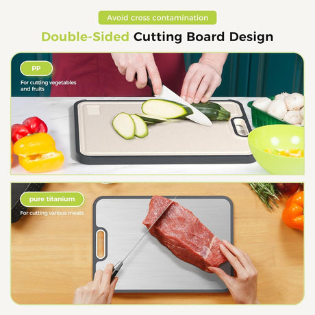 Dual-Sided Kitchen Cutting Boards with Titanium-Look & Textured PP Surfaces, Juice Groove, Grinding Area, Non-Slip Edges, and Integrated Handles—For Separating Raw/Cooked Foods and Efficient Meal Prep