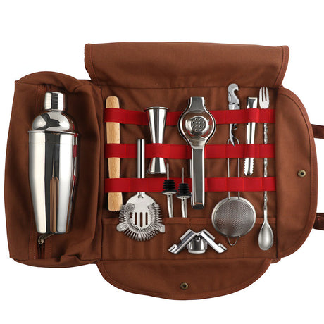 Professional 17-Piece Stainless Steel Cocktail Shaker Set with Canvas Carry Case – Complete Bar Tools Kit for Home, Travel, Parties – Includes Jigger, Strainer, Muddler, Spoon, Bottle Stopper (Brown)