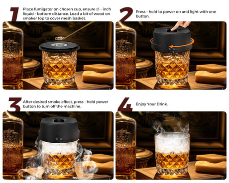 Black Smart Cocktail Smoker Kit – Electric Whiskey Smoke Generator with 6 Wood Chips, USB Rechargeable, One-Click Ignition | Perfect Gift for Men & Bar Enthusiasts