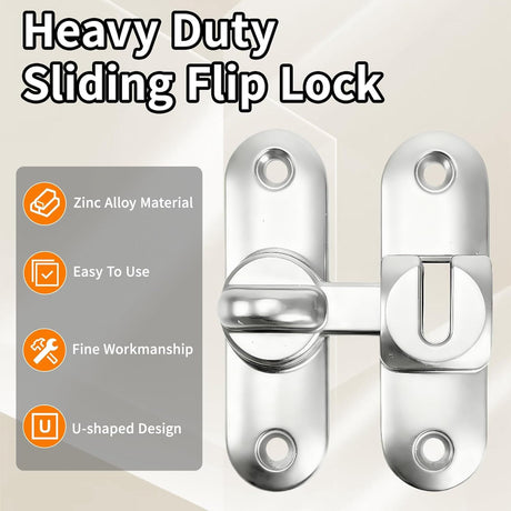 90/180 Degree Zinc Alloy Flip Lock for Barn & Sliding Doors – Heavy Duty Security Latch for Cabinets, Windows & Sheds (Silver)