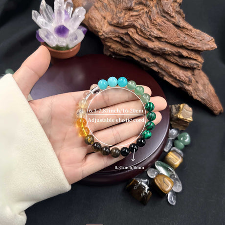 8mm Natural Stone Wealth Bracelet for Women & Men – Tiger Eye, Citrine, Malachite, Aquamarine Beaded Stretch Jewelry to Attract Money and Abundance