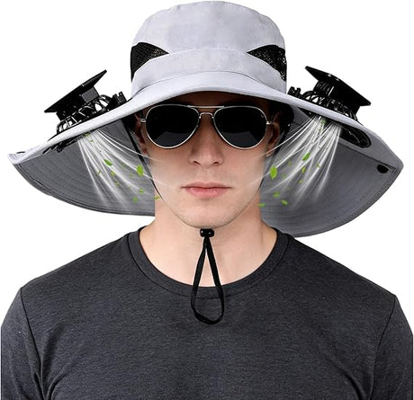 Solar-Powered Dual-Fan Sun Hat – UPF 50+ Wide-Brim Outdoor Hat with 2 USB/Solar Rechargeable Fans, Adjustable Strap, Breathable Mesh, for Fishing, Hiking, Beach & Gardening; Unisex Cooling Cap with 800mAh Battery (Grey)