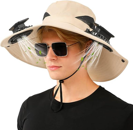 Solar-Powered Dual-Fan Sun Hat – UPF 50+ Wide-Brim Outdoor Hat with 2 USB/Solar Rechargeable Fans, Adjustable Strap, Breathable Mesh, for Fishing, Hiking, Beach & Gardening; Unisex Cooling Cap with 800mAh Battery (Khaki)
