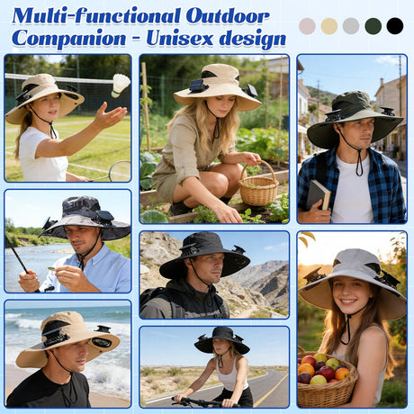 Solar-Powered Dual-Fan Sun Hat – UPF 50+ Wide-Brim Outdoor Hat with 2 USB/Solar Rechargeable Fans, Adjustable Strap, Breathable Mesh, for Fishing, Hiking, Beach & Gardening; Unisex Cooling Cap with 800mAh Battery (Khaki)