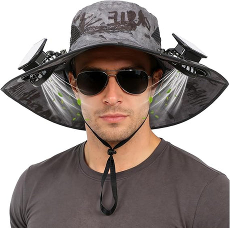 Solar-Powered Dual-Fan Sun Hat – UPF 50+ Wide-Brim Outdoor Hat with 2 USB/Solar Rechargeable Fans, Adjustable Strap, Breathable Mesh, for Fishing, Hiking, Beach & Gardening; Unisex Cooling Cap with 800mAh Battery (Dark- Grey)
