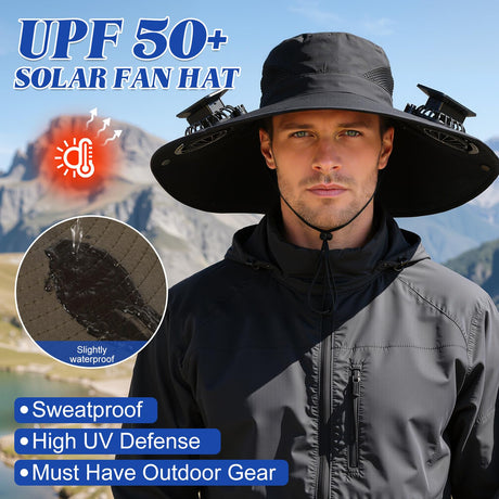 Solar-Powered Dual-Fan Sun Hat – UPF 50+ Wide-Brim Outdoor Hat with 2 USB/Solar Rechargeable Fans, Adjustable Strap, Breathable Mesh, for Fishing, Hiking, Beach & Gardening; Unisex Cooling Cap with 800mAh Battery (Dark- Grey)