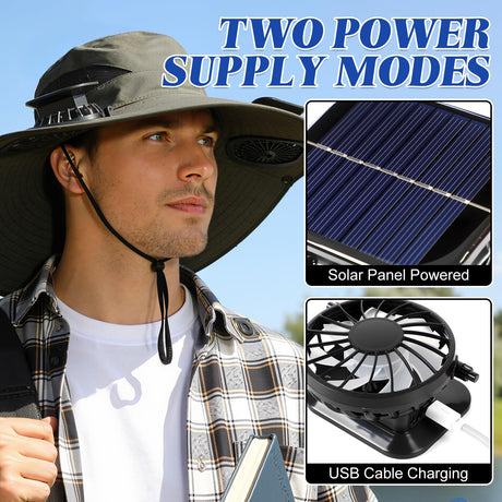 Solar-Powered Dual-Fan Sun Hat – UPF 50+ Wide-Brim Outdoor Hat with 2 USB/Solar Rechargeable Fans, Adjustable Strap, Breathable Mesh, for Fishing, Hiking, Beach & Gardening; Unisex Cooling Cap with 800mAh Battery (Dark- Grey)