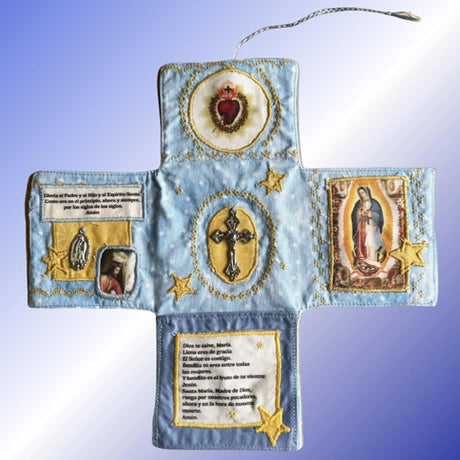Mini Handcrafted Catholic Pocket Shrine – Foldable Prayer Altar with Silver Cross, Religious Art & Embroidered Prayers, Portable Faith Companion, 6.5 x 5.5 Inches (Pink)