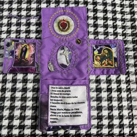 Mini Handcrafted Catholic Pocket Shrine – Foldable Prayer Altar with Silver Cross, Religious Art & Embroidered Prayers, Portable Faith Companion, 6.5 x 5.5 Inches (Pink)