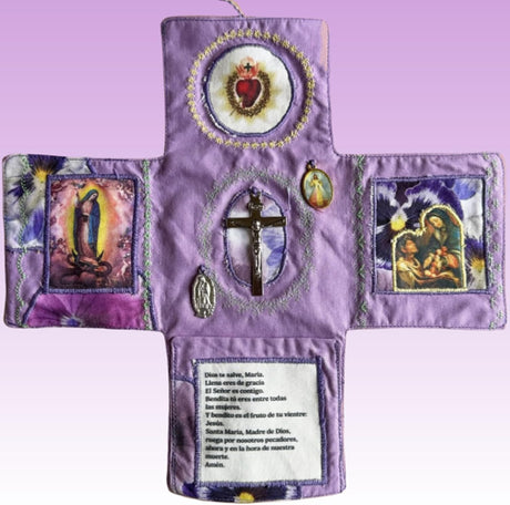 Mini Handcrafted Catholic Pocket Shrine – Foldable Prayer Altar with Silver Cross, Religious Art & Embroidered Prayers, Portable Faith Companion, 6.5 x 5.5 Inches (Blue)