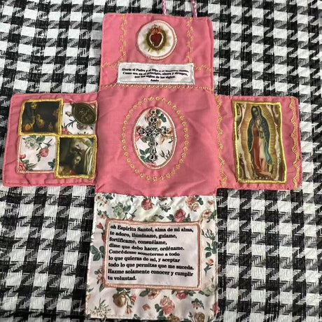 Mini Handcrafted Catholic Pocket Shrine – Foldable Prayer Altar with Silver Cross, Religious Art & Embroidered Prayers, Portable Faith Companion, 6.5 x 5.5 Inches (Purple)