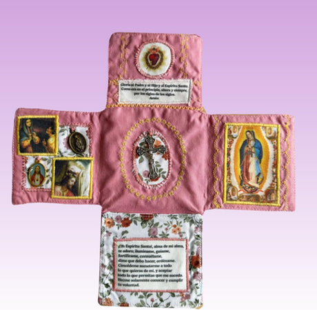 Mini Handcrafted Catholic Pocket Shrine – Foldable Prayer Altar with Silver Cross, Religious Art & Embroidered Prayers, Portable Faith Companion, 6.5 x 5.5 Inches (Purple)