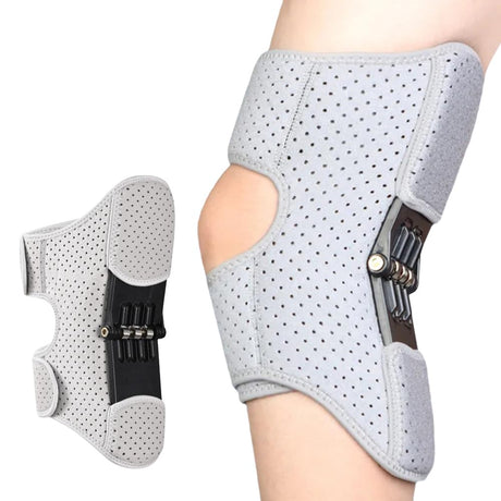 Knee Assistive Brace with Carbon Steel Spring Support – Breathable Perforated Sleeve, Adjustable Straps, Joint Stabilization & Pain Relief for Walking, Running, Hiking, Rehabilitation; Unisex Design for Men & Women (Grey)