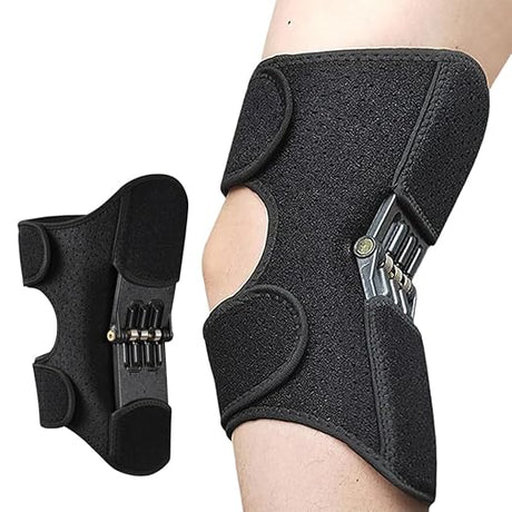 Knee Assistive Brace with Carbon Steel Spring Support – Breathable Perforated Sleeve, Adjustable Straps, Joint Stabilization & Pain Relief for Walking, Running, Hiking, Rehabilitation; Unisex Design for Men & Women (Black)